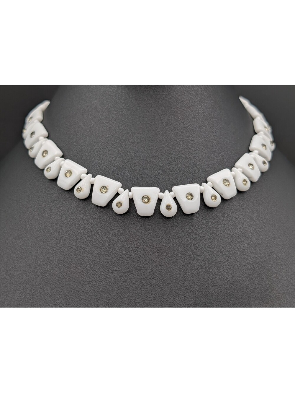 Vintage West Germany White Milk Glass Rhinestone Choker Necklace Mid Century